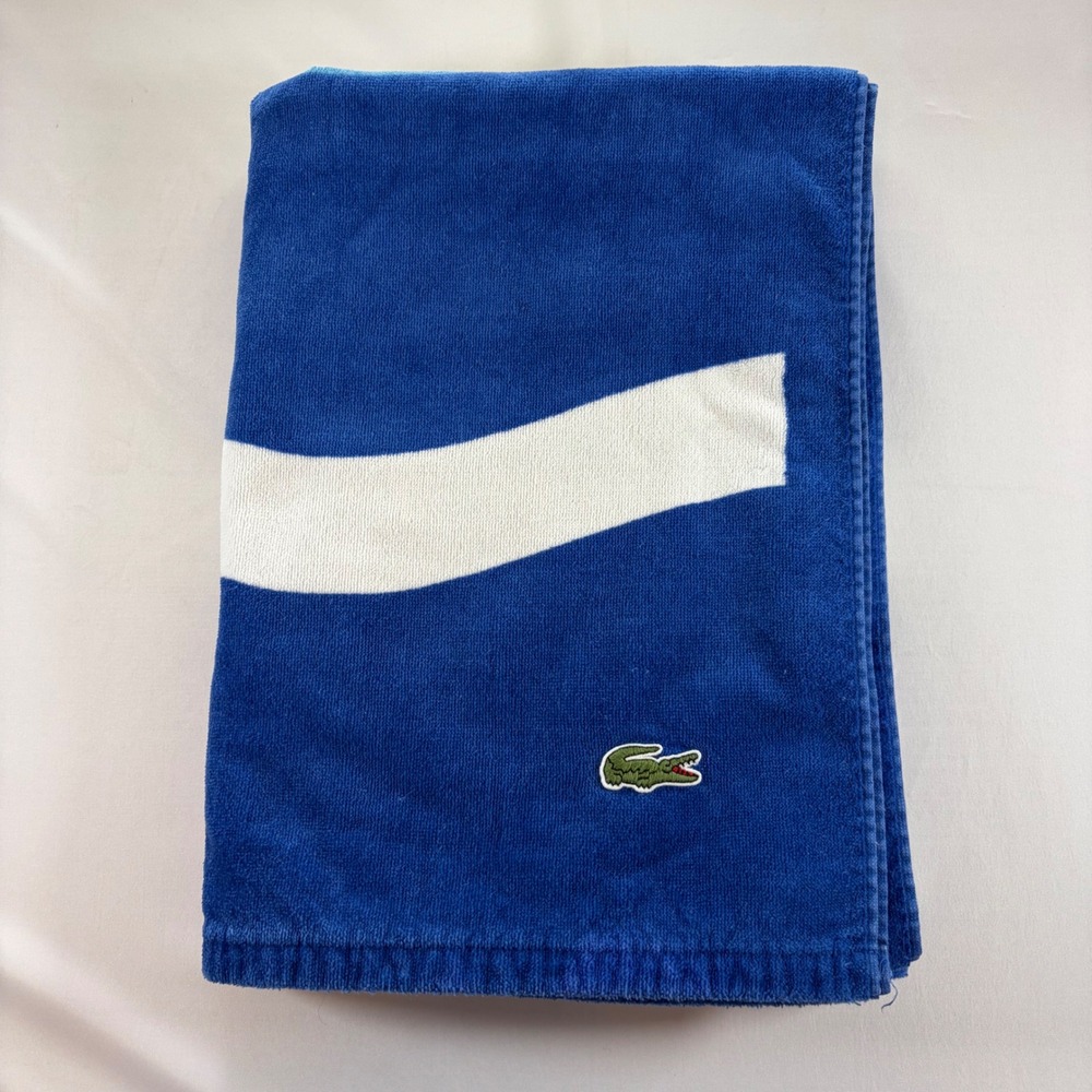 Lacoste Blue Wavy Stripe Beach Towel 100% Cotton Embroidered Logo 35x62 RN82817